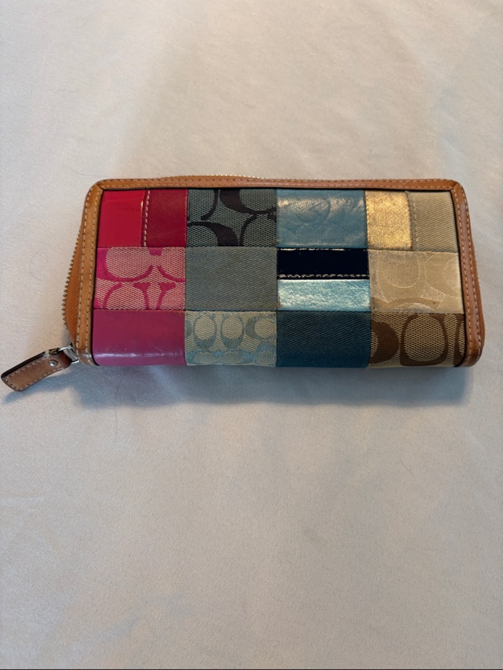 Coach Colorblock Patchwork Zip Wallet in Pink, Teal, Blue, Gold and Tan